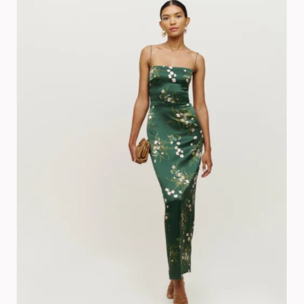 NWOT Reformation Frankie Silk Dress in Buena Green White Floral Maxi